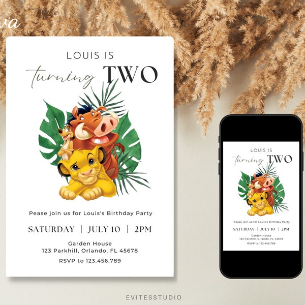 Lion Jungle Birthday Invitation Template, Jungle Birthday, Editable Digital Invitation for Kids, First Birthday Invitation, Lion Evite