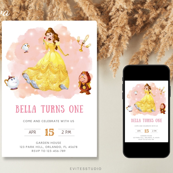 Plantilla de invitación de cumpleaños de Belle, invitación digital editable para niños, primera invitación de cumpleaños para niñas, cumpleaños Evite