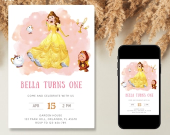 Modèle d'invitation d'anniversaire Belle, invitation numérique modifiable pour les enfants, première invitation d'anniversaire pour les filles, invitation d'anniversaire