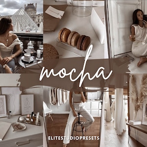 May include: A collage of images featuring a woman in a white top and white pants, a room with white walls and a white couch, a table with a cup of coffee and a plate of cookies, and a room with a white rug and a white chair. The text "mocha" is written in brown cursive on a brown background.