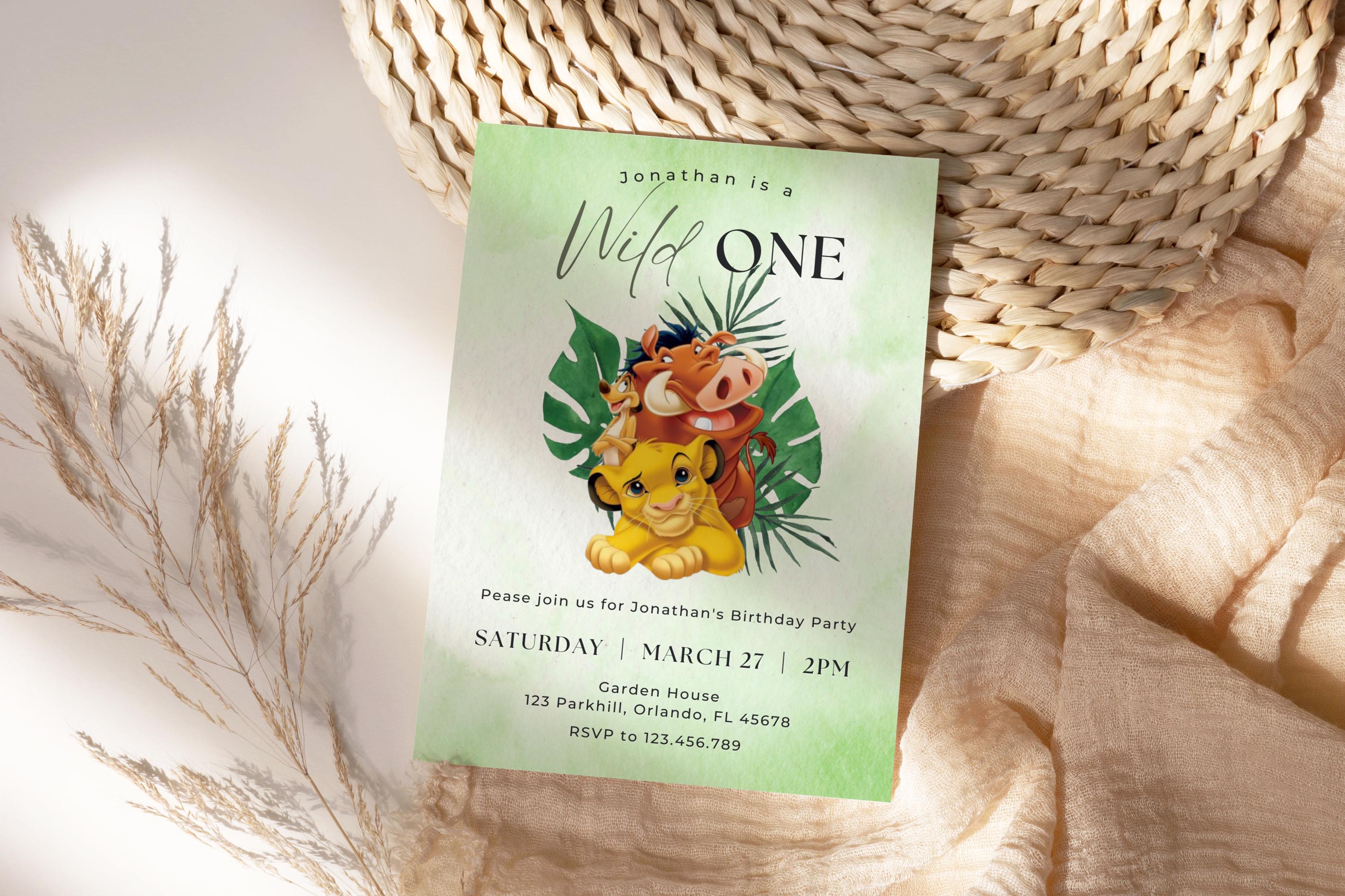 Lion Jungle Wild One Birthday Invitation Template, Editable Digital Invitation for Kids, First Birthday Invitation, Jungle Birthday Evite