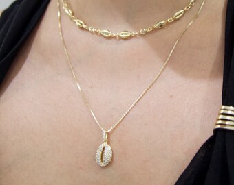 Gold Filled Thin Box Necklace Cowrie Sea Shell Pendant CZ | Dainty | Delicate | Minimalist | Layering Necklace | Gift for Her