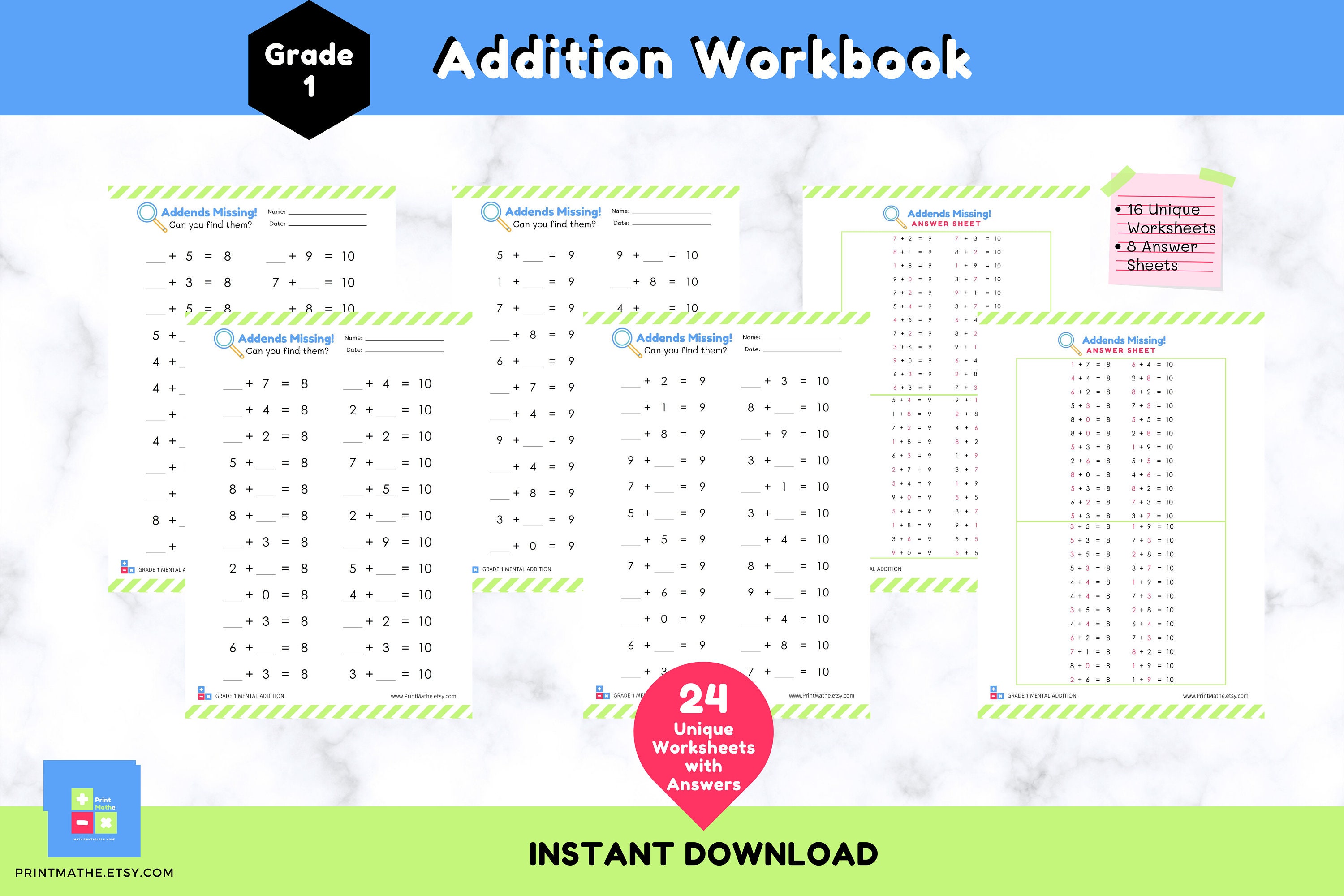 Grade 1 Addition Practice Workbook - Answers Included - Missing Addends ...