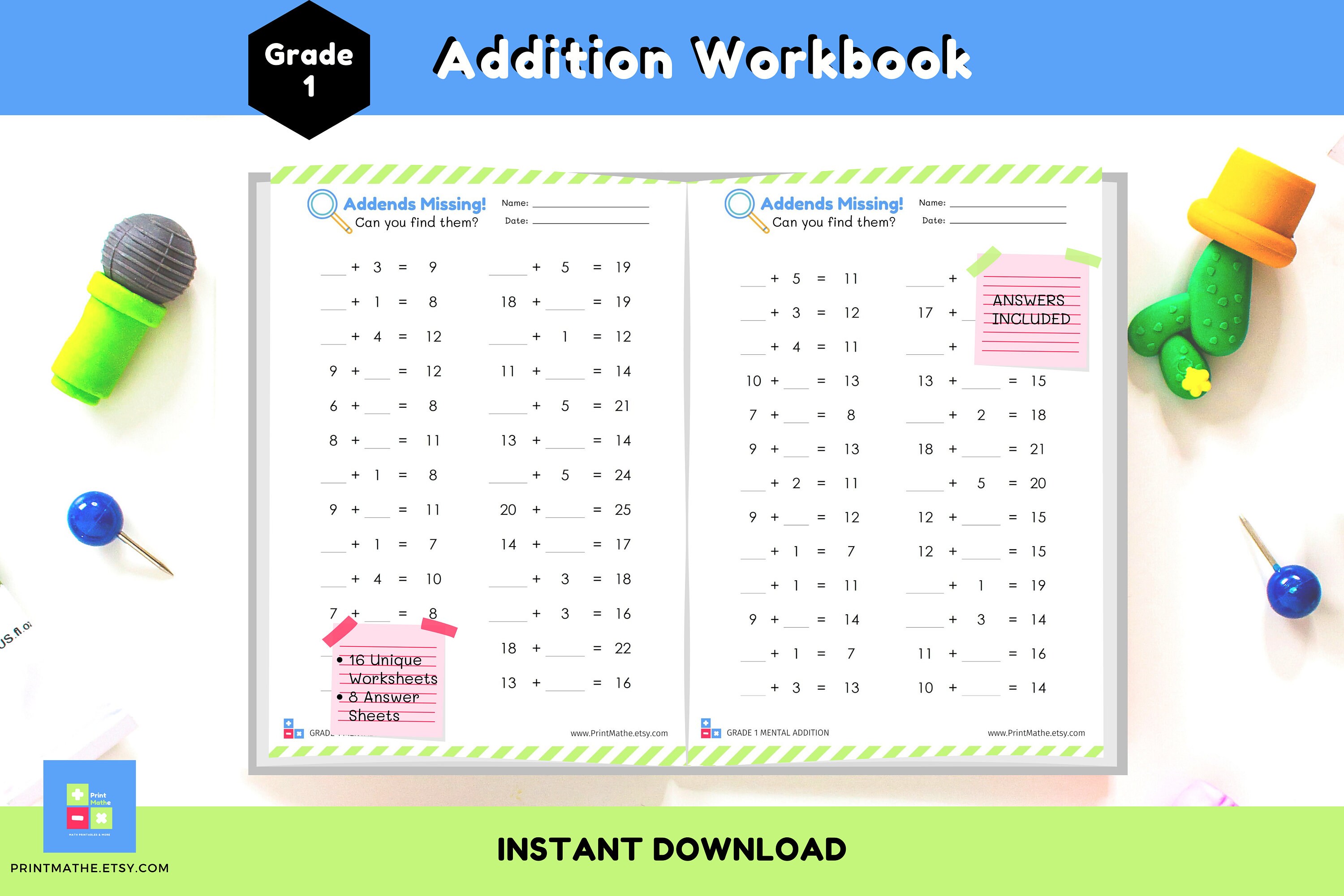 Grade 1 Addition Practice Workbook - Answers Included - Missing Addends ...