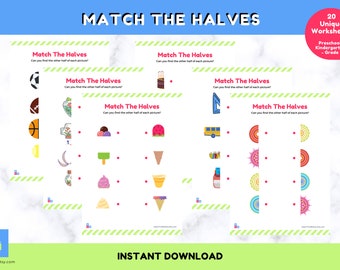 Match the Halves Puzzle Game - 20 Printable Worksheets - Preschool & Kindergarten - Early Math - Homeschooling Activities for Toddlers