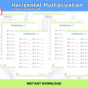 May include: A set of 18 horizontal multiplication worksheets for grades 2-4, featuring single by double digit maths problems. The pages include a blue header with the text Horizontal Multiplication, a green striped border, and an answer sheet.
