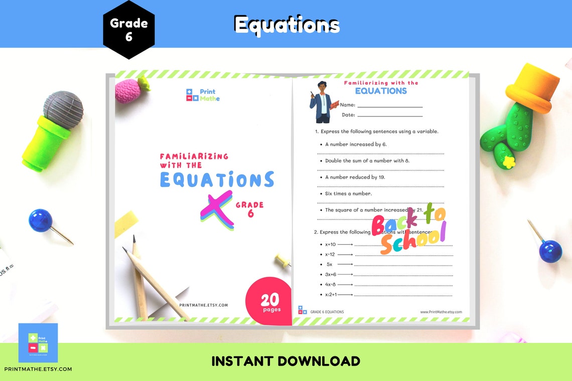 Equations Worksheets for Grade 6 Math Book on Equations - Etsy