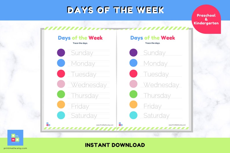 Days of the Week Tracing Worksheets Handwriting Practice | Etsy