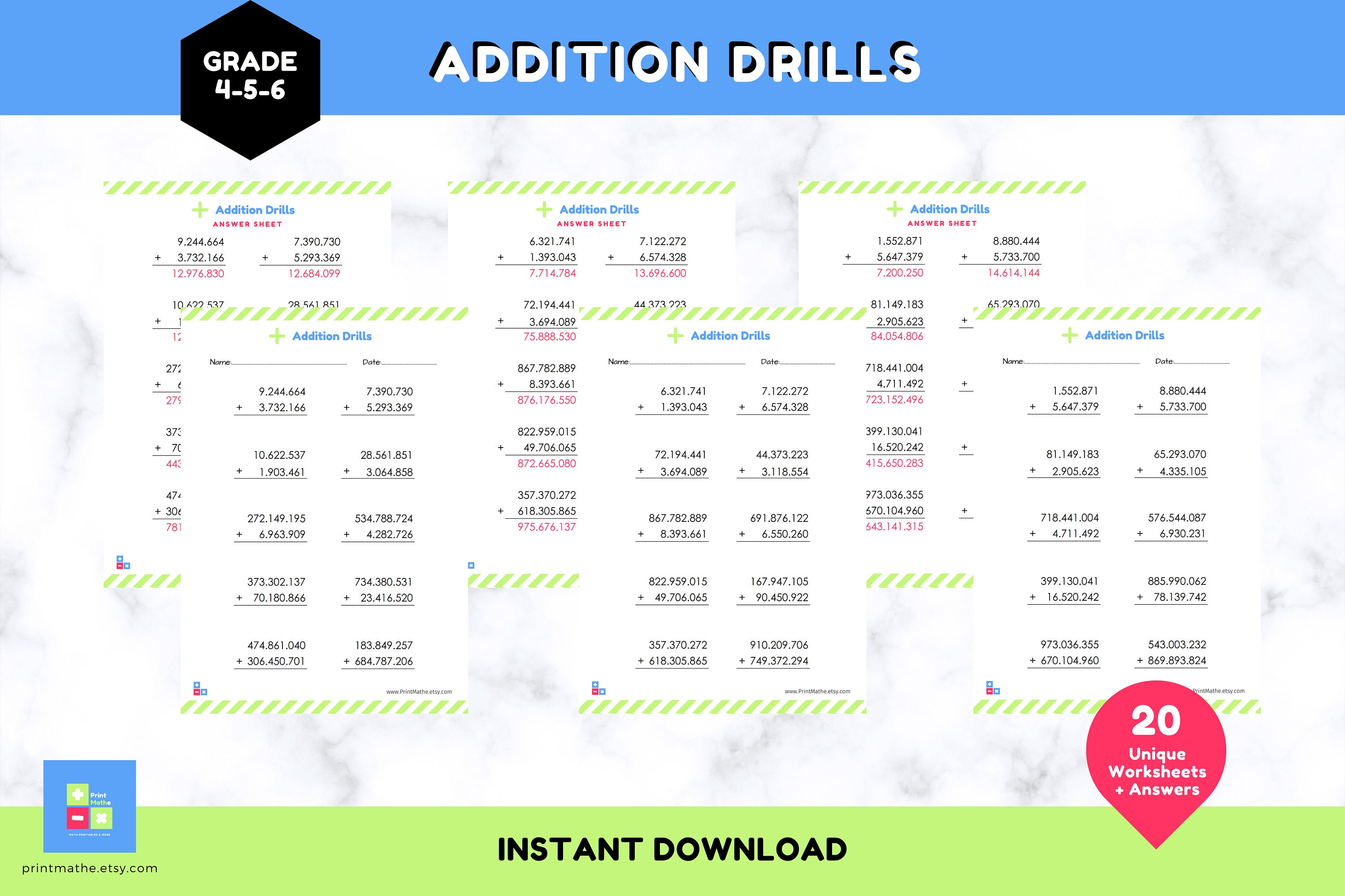 5th Grade Math Addition Drills Printable Worksheets With - Etsy