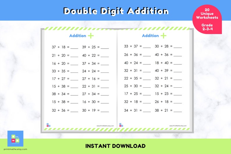 Double Digit Horizontal Addition Workbook with Answers 3rd | Etsy