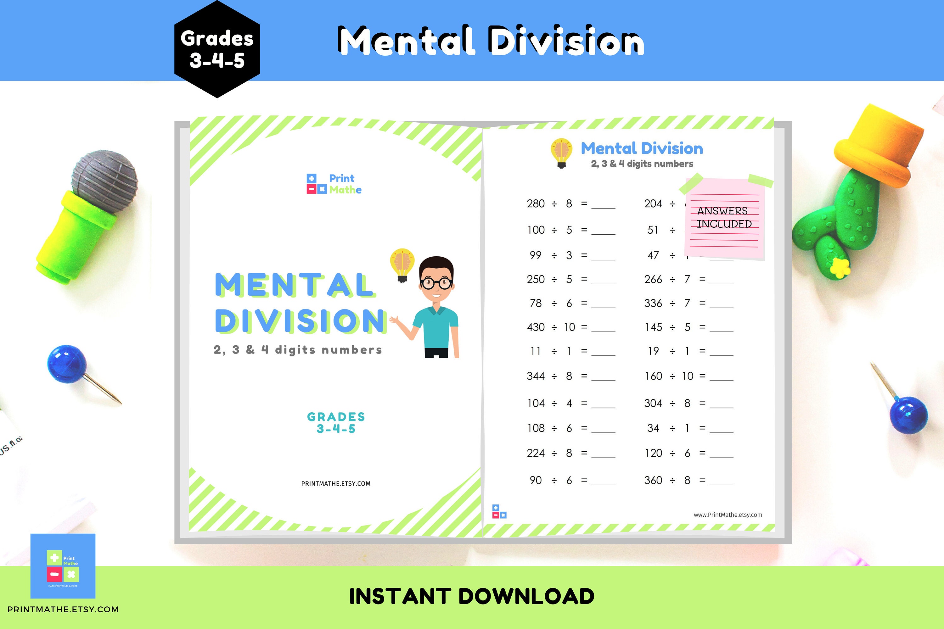 mental division printable workbook 3 or 4 digit numbers etsy