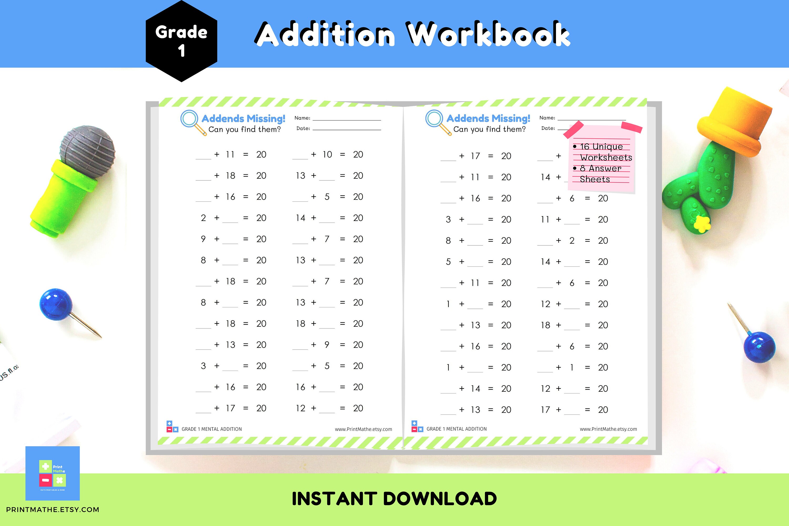 Grade 1 Addition Practice Workbook - Answers Included - Missing Addends ...
