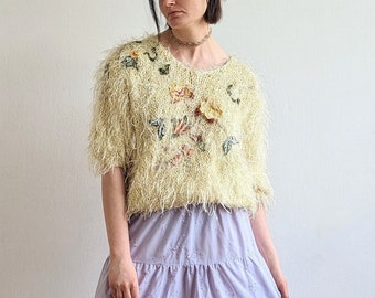 Vintage 90s Sweater Fuzzy Shaggy Furry Fluffy Embellished Embroidered Floral Pastel Yellow