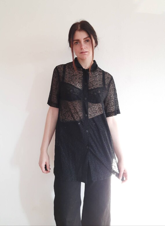 Vintage sheer top blouse black lace / women button