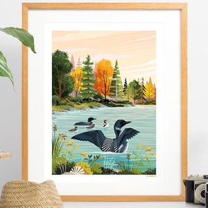 Loons on the Lake. Stylized nature art print of a family of loons of the lake on a sunny morning. Beautiful colors of the north woods.