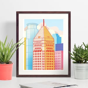 Foshay Tower Minneapolis. Bright, fun colorful art print. Beautiful Art Deco Building and Minnesota landmark.