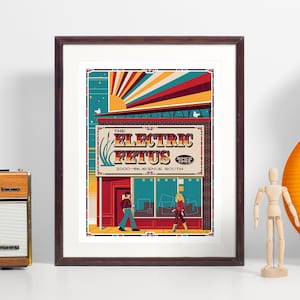 The Electric Fetus record store retro style art print. Minneapolis iconic music landmark. Psychedelic 70s inspired colors and vintage style.