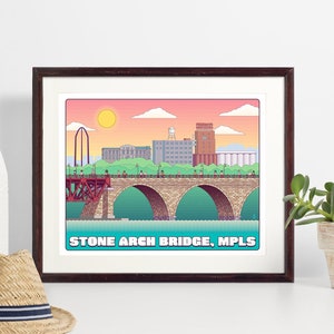 Stone Arch Bridge over the Mississippi River in downtown Minneapolis. Fun colorful video game inspired illustration of the historic landmark