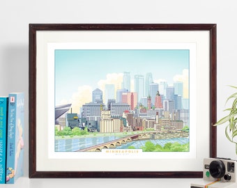 Minneapolis, Mill City. Colorful super detailed illustration of the MPLS skyline and Mississippi River. Stone Arch Bridge, Guthrie Theather