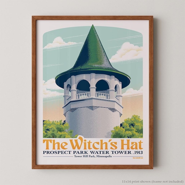 The Witch's Hat Water Tower Minneapolis Art Print. Colorful design of this historic Minnesota landmark with a modern take on vintage style.