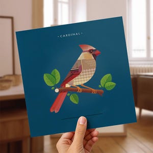 Cardinal (female) Art Deco Inspired Bird Art Print. Contemporary geometric with vintage style. Medium Size American Birds/ Modern Boho color