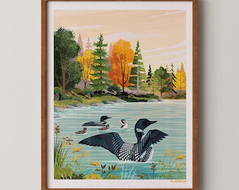 Loons on the Lake. Stylized nature art print of a family of loons of the lake on a sunny morning. Beautiful colors of the north woods.