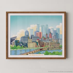 Minneapolis, Mill City. Colorful super detailed illustration of the MPLS skyline and Mississippi River. Stone Arch Bridge, Guthrie Theather