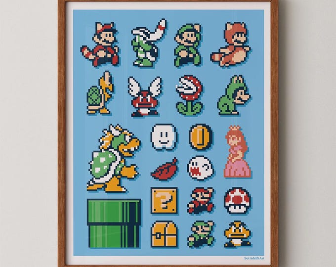 Super Mario Bros 3 pixel art. Retro 8-bit gaming Nintendo NES. Fun fan art print of the classic video game.