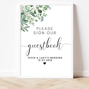 Teken onze gastenboekafdruk / gepersonaliseerd bord bruiloft-gastenboek / eucalyptus welkomstfeestposter / groen bloemen minimalistisch / AK1