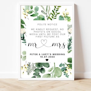 Hochzeit No Photos Schild/ Bitte keine Fotos oder Social Media Beschilderung / Hochzeitsbild / Eukalyptus Blumen Fotografie Poster