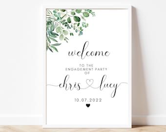 Letrero de bienvenida para fiesta de compromiso / Póster personalizado "¡Celebremos!" / Lámina de eucalipto para pareja recién comprometida / Diseño minimalista floral con vegetación