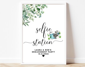 Letrero para estación de selfies (A5, A4, A3) / Póster personalizado para redes sociales de fiesta de compromiso / Eucalipto floral para recién comprometidos