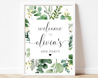 Hen Party Welcome Sign (A5, A4, A3)/ Personalised Bridal Shower Guest Signage/ Eucalyptus Floral Bachelorette Party Print/ Greenery Hen Do