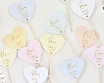 Personalised Bride to Be Hen Party Cupcake Toppers/ Pastel Heart Shaped Party Weekend Topper/ Engagement Party Bridal Shower/ Mrs to Be