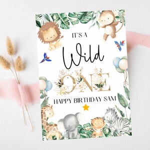 Wild One Happy Birthday Card/ Safari Theme Birthday Greetings Cards/ Childrens Birthday Party/ Jungle Animals/ King of the Jungle Card