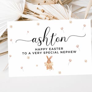 Tarjeta personalizada de Feliz Pascua para un sobrino muy especial / Conejitos de Pascua florales / Lazo amarillo de conejo / Tarjeta de felicitación de Pascua / Linda tarjeta para Pascua