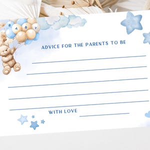 Tarjetas con consejos para futuros padres/Recuerdos para futuras mamás en baby shower/Juegos con chispas de osito de peluche con temática azul para bebé niño/Tarjetas de recuerdo para fiestas