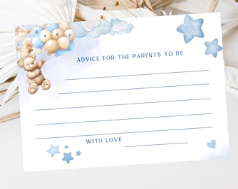 Advice for the Parents to Be Cards/ Baby Shower Mummy to Be Keepsake/ Baby Boy Blue Theme Teddy Bear Sprinkle Games/ Party Favours Cards
