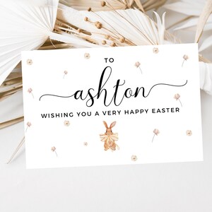 Biglietto di auguri personalizzato per una felice Pasqua/Coniglietti pasquali floreali/Coniglio fiocco giallo/Biglietto di auguri di Pasqua/Biglietto carino per Pasqua