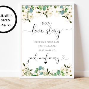 Personalizado nosso sinal de história de amor/vegetação floral casamento diversão personalizado relacionamento cronograma cartaz/eucalipto casamento nosso amor storysign