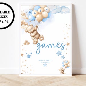 Panneau de bienvenue pour la douche de bébé garçon / Jeux souvenirs amusants personnalisés Oh bébé garçon ours / Nous pouvons attendre maman pour être / Impression fête à thème bleu