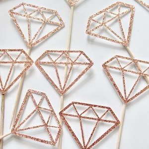 Toppers de cupcake com glitter em ouro rosado e diamante/topper de despedida de solteira em ouro rosa/decoração de festa de noivado/toppers de rosquinha de diamante/A11/A24