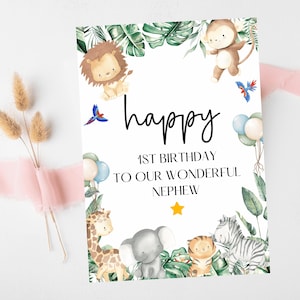 To Our Wonderful Nephew Happy 1st Birthday Card/ Safari Theme Birthday Greetings Cards/ Childrens Birthday Party/ King of the Jungle Card