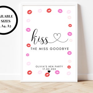 Kiss the Miss Goodbye Personalised Print/ Pink Red Lipstick Kisses Hen Party Keepsake Poster/ Bridal Shower Decor/ Bachelorette/ Bride Tribe