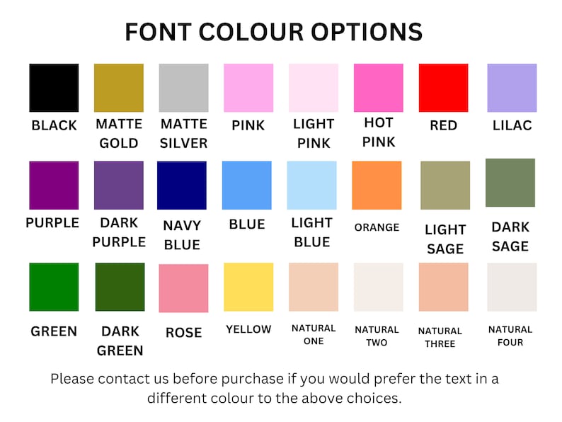 Puede incluir: Un gr&aacute;fico que muestra 18 opciones de color diferentes para el texto. Los colores incluyen negro, dorado, plateado, rosa, rosa claro, rosa intenso, rojo, lila, morado, morado oscuro, azul marino, azul, azul claro, naranja, verde claro, verde oscuro, verde, verde oscuro, rosa, amarillo, natural uno, natural dos, natural tres y natural cuatro.