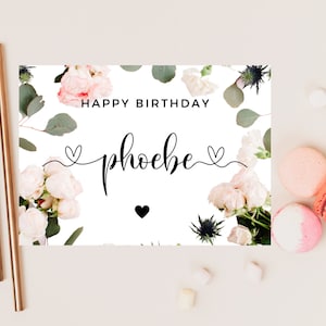 Happy Birthday Card/ Personalised Eucalyptus Pink Floral Greenery Roses Birthday Card for Him Her Wife Husband Best Friend Happy 30th 40th