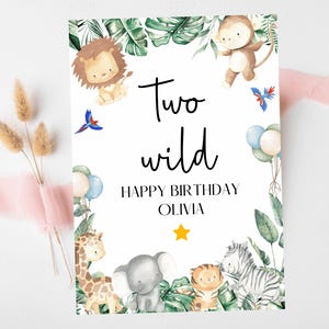 Two Wild 2nd Birthday Party Card/ Safari Theme Happy Birthday Greetings Cards/ Childrens Birthday Party/ King of the Jungle Card
