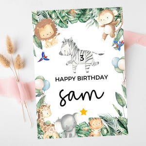 Zebra Happy Birthday Card/ Safari Theme Birthday Greetings Cards/ Childrens Birthday Party/ Jungle Animals Lion/ King of the Jungle Card