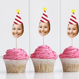 Picture Photo Face Cupcake Toppers/ Funny Cupcake Topper/ Picture Cupcake Toppers/ Personalised Face/ Happy Heads with Party Hats/ A11