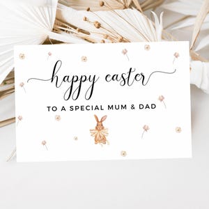 Carte de Joyeuses Pâques personnalisée pour un papa et une maman/ Lapins de Pâques floraux/ Noeud jaune lapin/ Carte de voeux de Pâques/ Jolie carte de Pâques